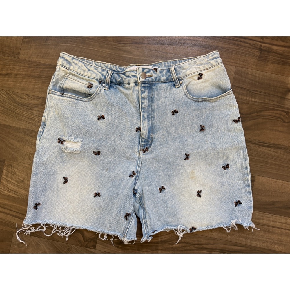 Butterfly Embroidered Denim Shorts Womens 17 Y2K Festival Cottagecore Mom Jean